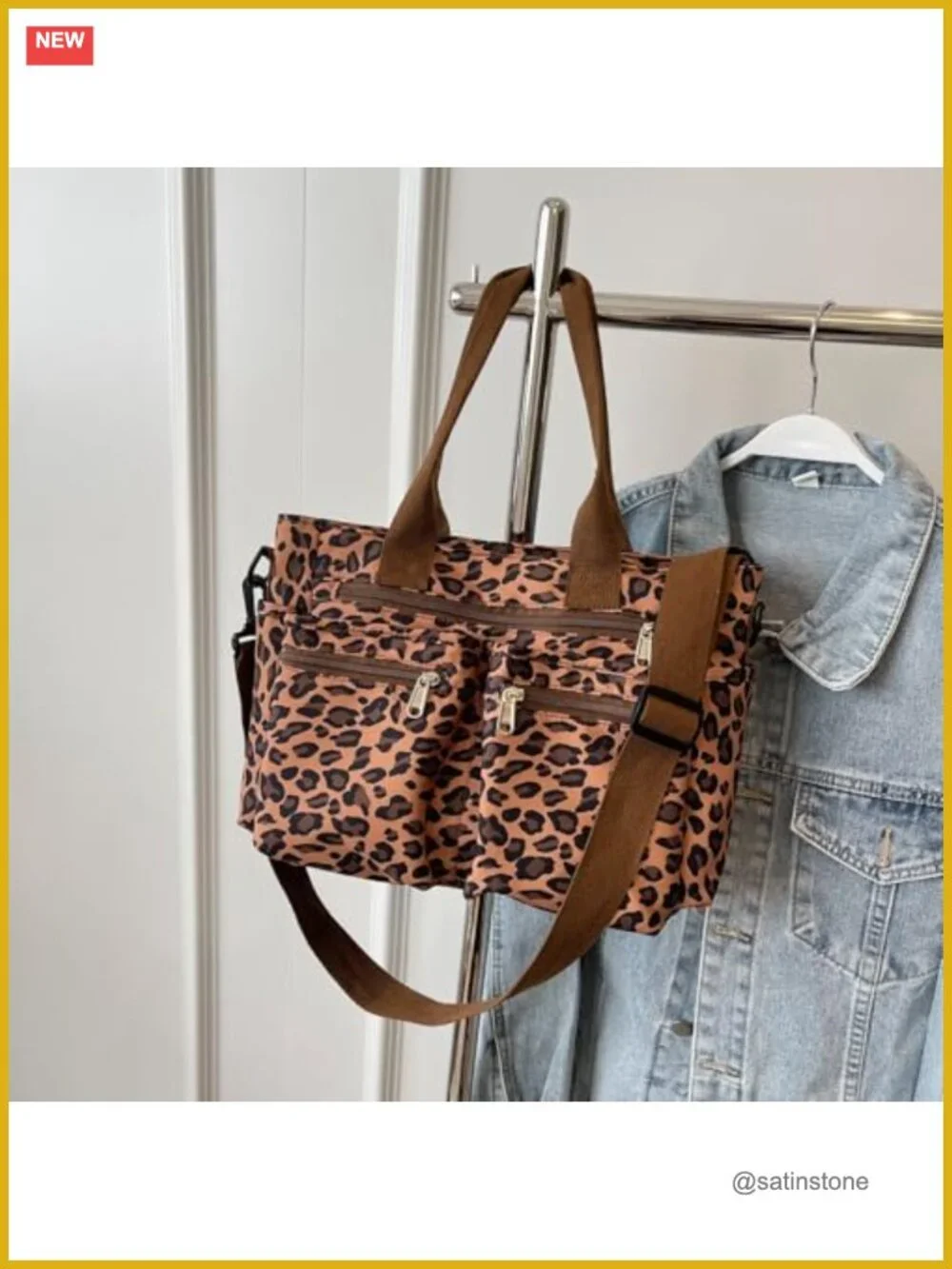 Canvas Tote Bag for Women Leopard Print Shoulder Bag with Pockets